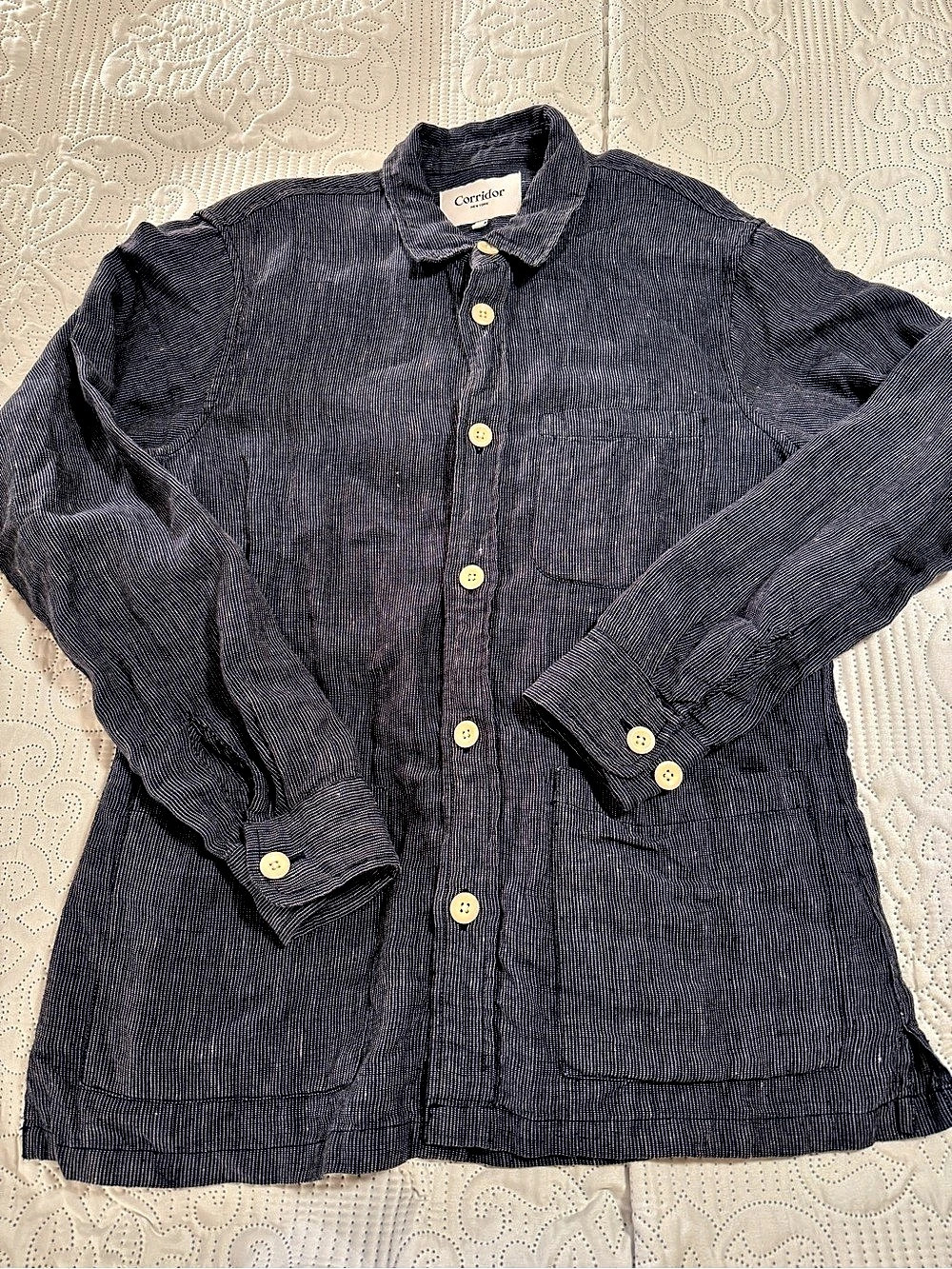 Corridor Menβs Washed Indigo Linen Overshirt Overcoat Small